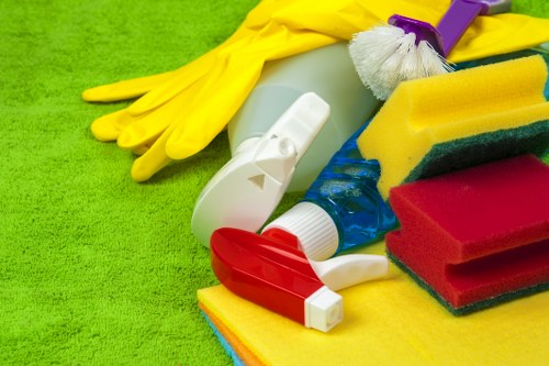 Carpet cleaning crew using non-slip footwear and protective gloves